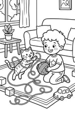 Un petit gar&ccedil;on joue avec son chat dans le salon