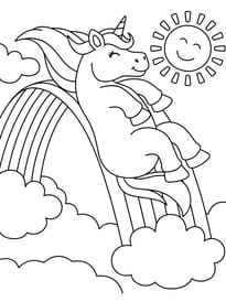 Coloriage d'une licorne qui fait du toboggan sur un arc-en-ciel