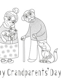 Coloriage d'une mamie et d'un papy avec leurs animaux