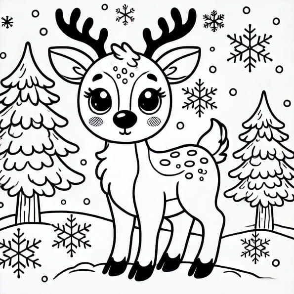 Coloriage d'un renne dans une forêt de sapins
