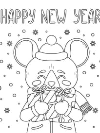 Coloriage d'une souris qui vous souhaite un "Happy New Year"