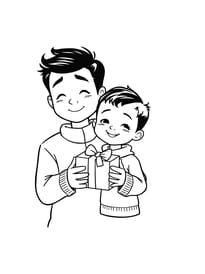 Coloriage d'un petit gar&ccedil;on qui offre un cadeau pour la f&ecirc;te des p&egrave;res