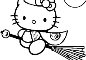 Hello Kitty fée ou sorcière, sur son balai