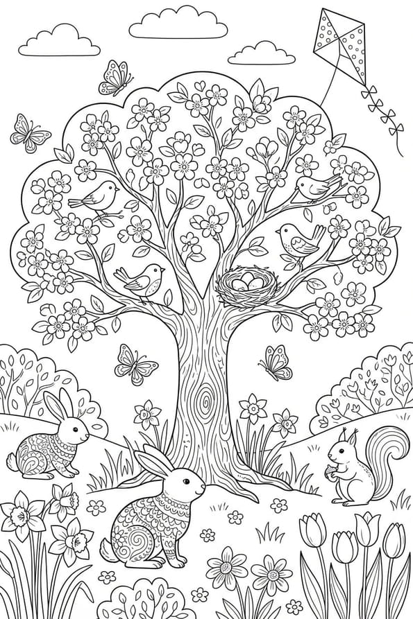 Coloriage d'un arbre en fleurs pour le printemps