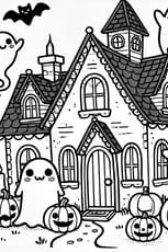 Coloriage d'une maison hantée avec d'adorables fantômes