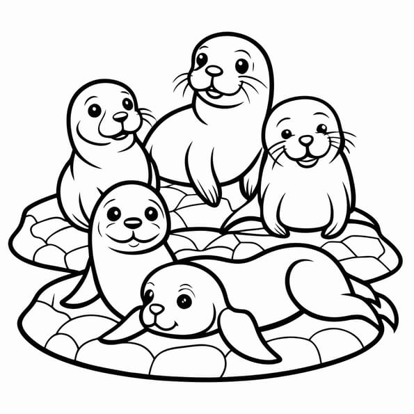 Coloriage d'une famille d'otaries