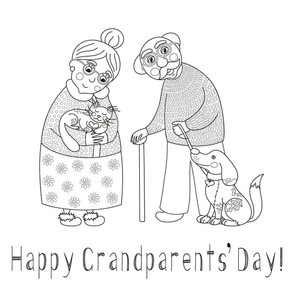 Coloriage d'une mamie et d'un papy avec leurs animaux
