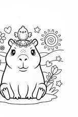 Coloriage d'un capybara Kawaï avec un oiseau sur la tête