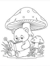 Coloriage d'un ours qui lit un livre dans la for&ecirc;t