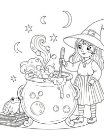 Coloriage sorci&egrave;re d'Halloween et son chaudron magique