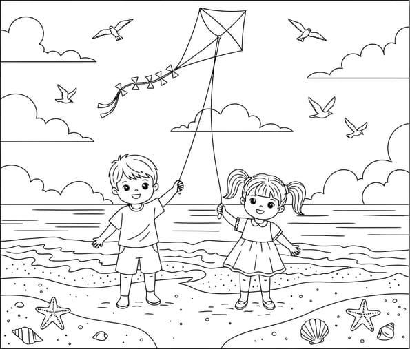 Coloriage les enfants font du cerf-volant &agrave; la plage