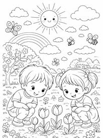 Deux enfants admirent les fleurs en train d'&eacute;clore