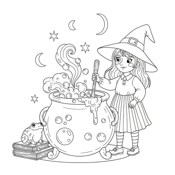 Coloriage sorci&egrave;re d'Halloween et son chaudron magique