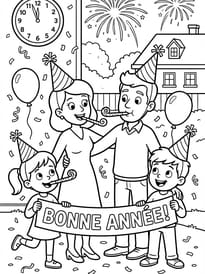Coloriage d'une famille qui célèbre le Nouvel An