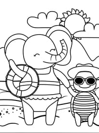 Coloriage d'un éléphant et son ami la tortue prêt pour aller à la mer