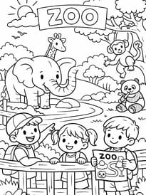 Coloriage des enfants en sortie au zoo