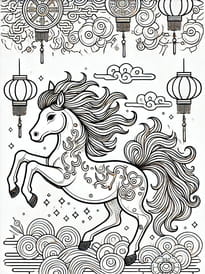 Coloriage d'un majestueux Cheval de Feu pour le Nouvel An chinois