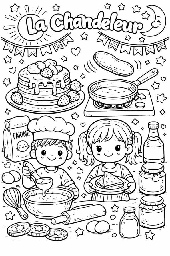 Deux enfants pr&eacute;parent des cr&ecirc;pes pour toute la famille &agrave; la Chandeleur