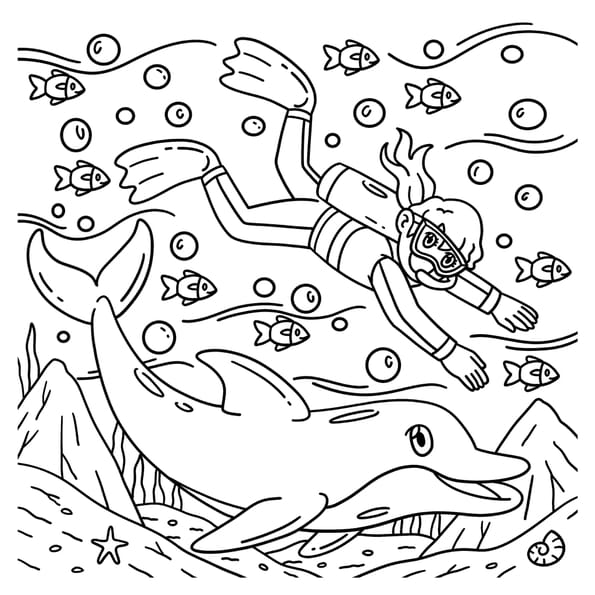 Coloriage d'une plongeuse avec un dauphin
