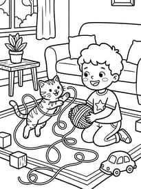 Un petit gar&ccedil;on joue avec son chat dans le salon
