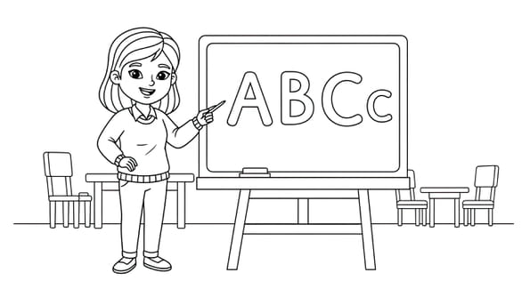 Coloriage ma&icirc;tresse qui apprend l'alphabet