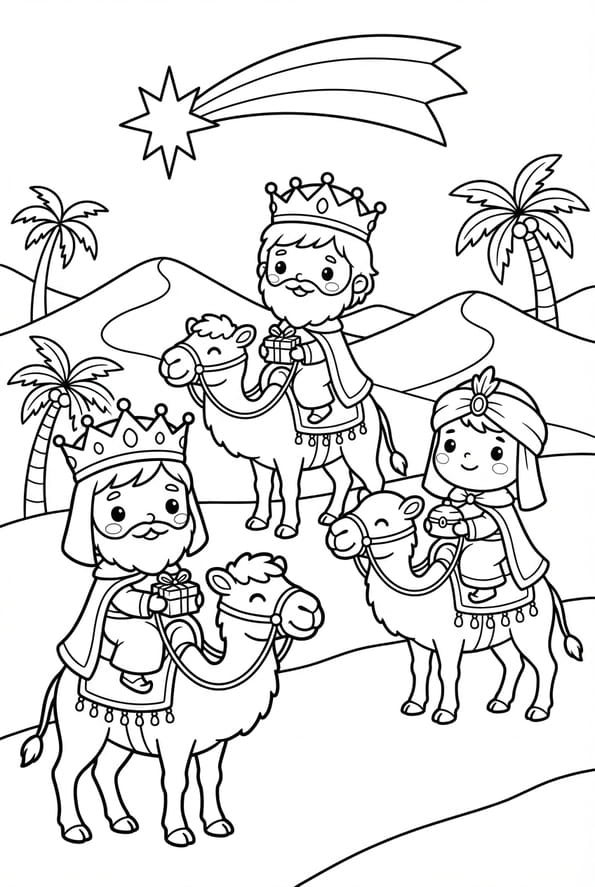 Coloriage mignon des Rois mages sur leurs chameaux pour l'Epiphanie
