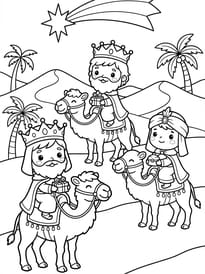 Coloriage mignon des Rois mages sur leurs chameaux pour l'Epiphanie