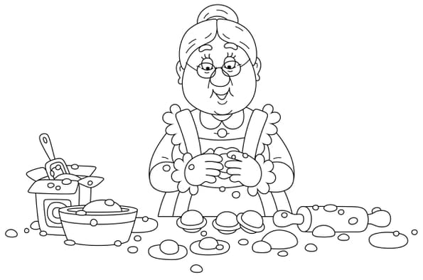 Coloriage d'une mamie qui cuisine