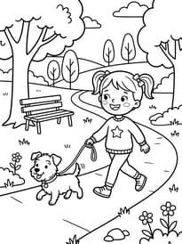 Une petite fille prom&egrave;ne son chien au parc