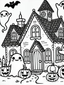 Coloriage d'une maison hantée avec d'adorables fantômes
