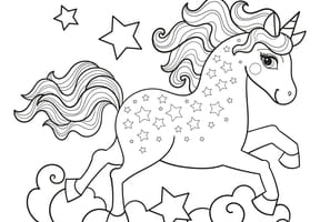 Coloriage d'une belle licorne sur des nuages