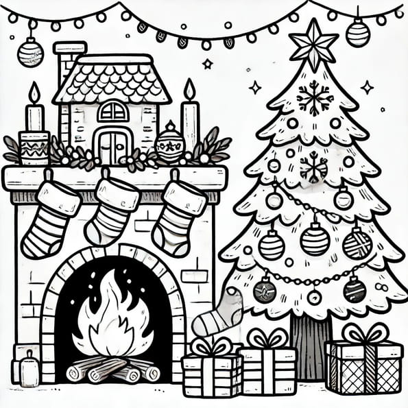 Coloriage sapin de Noël et cheminée
