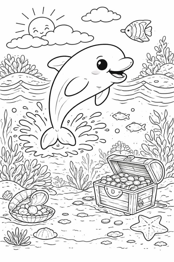 Coloriage d'un dauphin trop mignon qui a trouv&eacute; un tr&eacute;sor