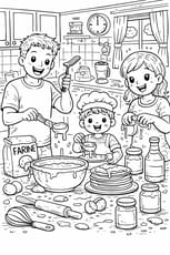 Un petit gar&ccedil;on cuisine des cr&ecirc;pes avec ses parents pour la Chandeleur