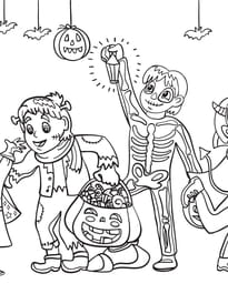 Coloriage f&ecirc;te d'Halloween d&eacute;guis&eacute;e entre copains
