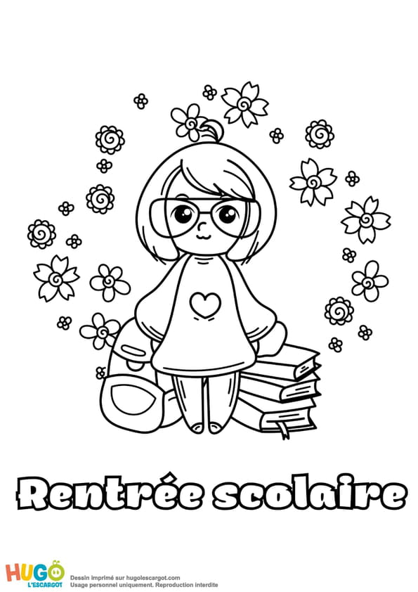 Coloriage rentrée scolaire d'une petite fille