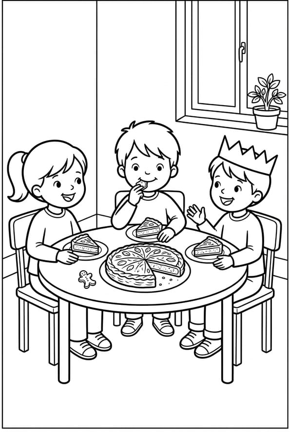 Coloriage d'enfants mangeant une galette des rois