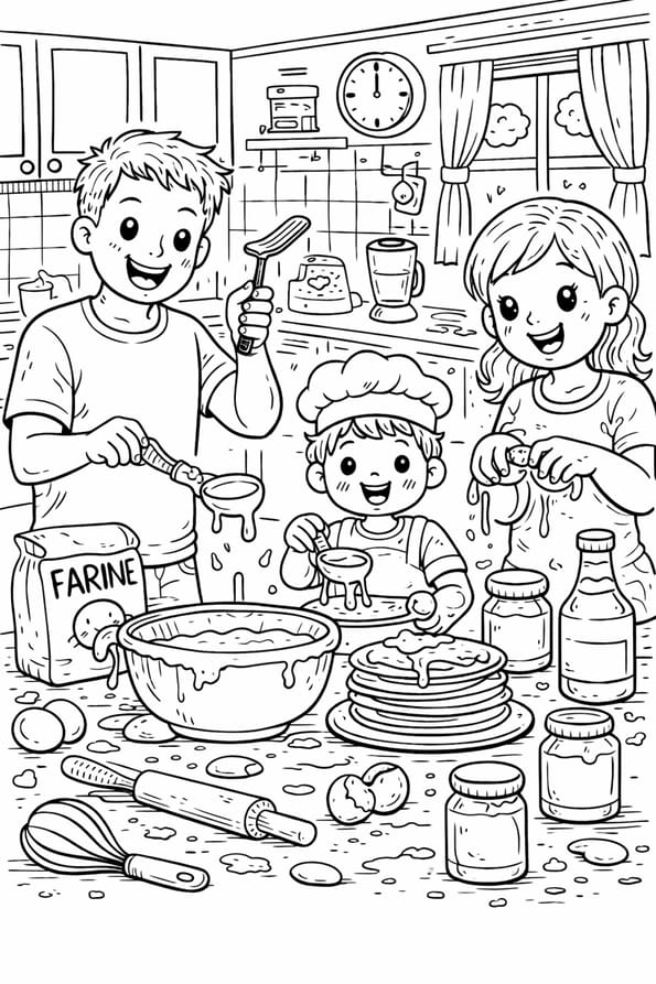 Un petit gar&ccedil;on cuisine des cr&ecirc;pes avec ses parents pour la Chandeleur