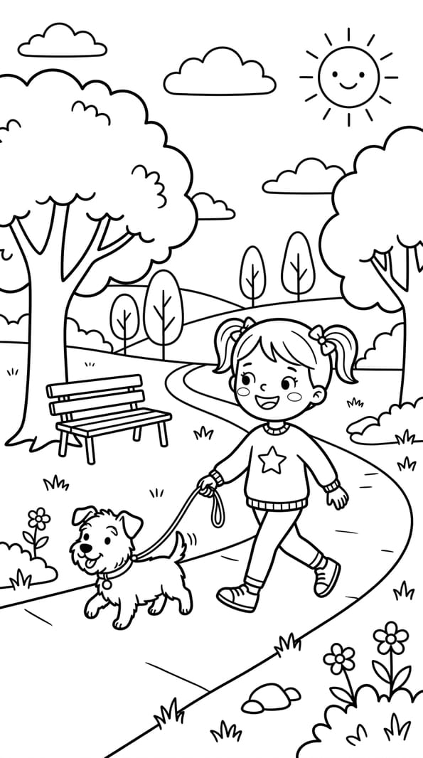 Une petite fille prom&egrave;ne son chien au parc