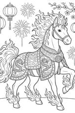 Coloriage du Nouvel An chinois, l'ann&eacute;e du Cheval de Feu