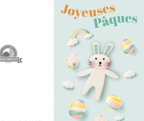 Carte Joyeuses P&acirc;ques avec un lapin, des &oelig;ufs et des nuages