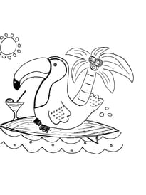 Coloriage d'un toucan sur sa planche de surf