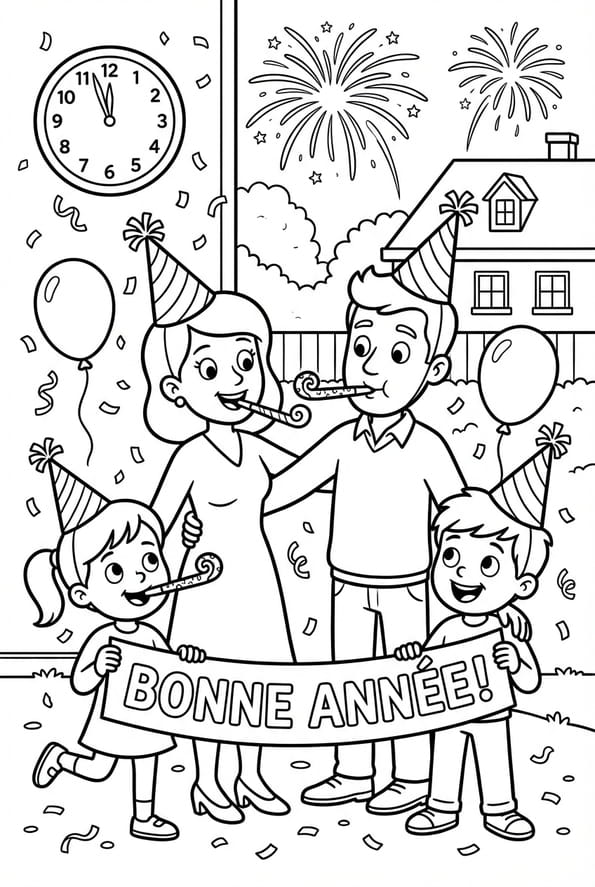 Coloriage d'une famille qui c&eacute;l&egrave;bre le Nouvel An