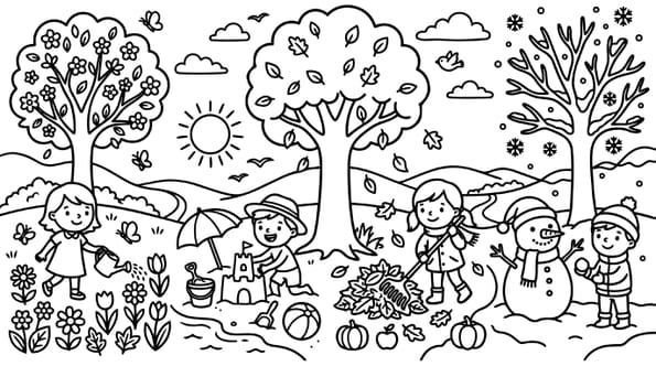 Coloriage les enfants traversent les saisons