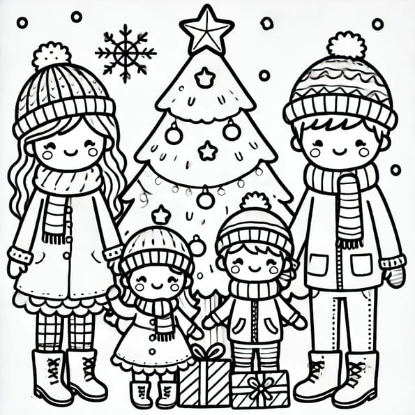 Coloriage famille sous le sapin de Noël
