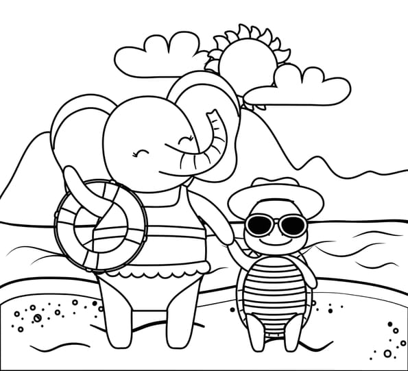Coloriage d'un éléphant et son ami la tortue prêt pour aller à la mer