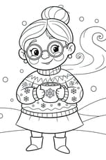 Mamie boit un chocolat chaud sous la neige