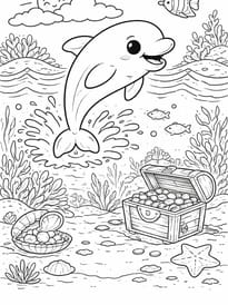 Coloriage d'un dauphin trop mignon qui a trouv&eacute; un tr&eacute;sor