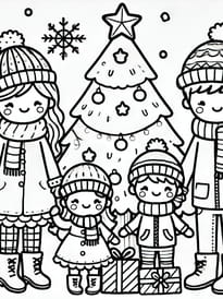 Coloriage famille sous le sapin de Noël