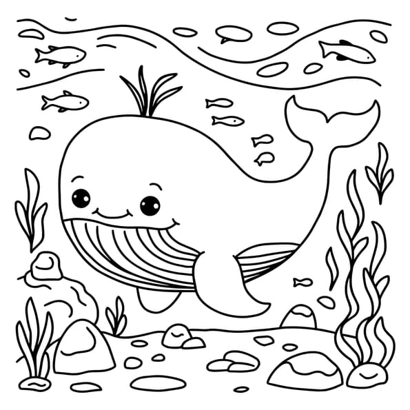 Coloriage d'une adorable baleine entour&eacute;e de poissons
